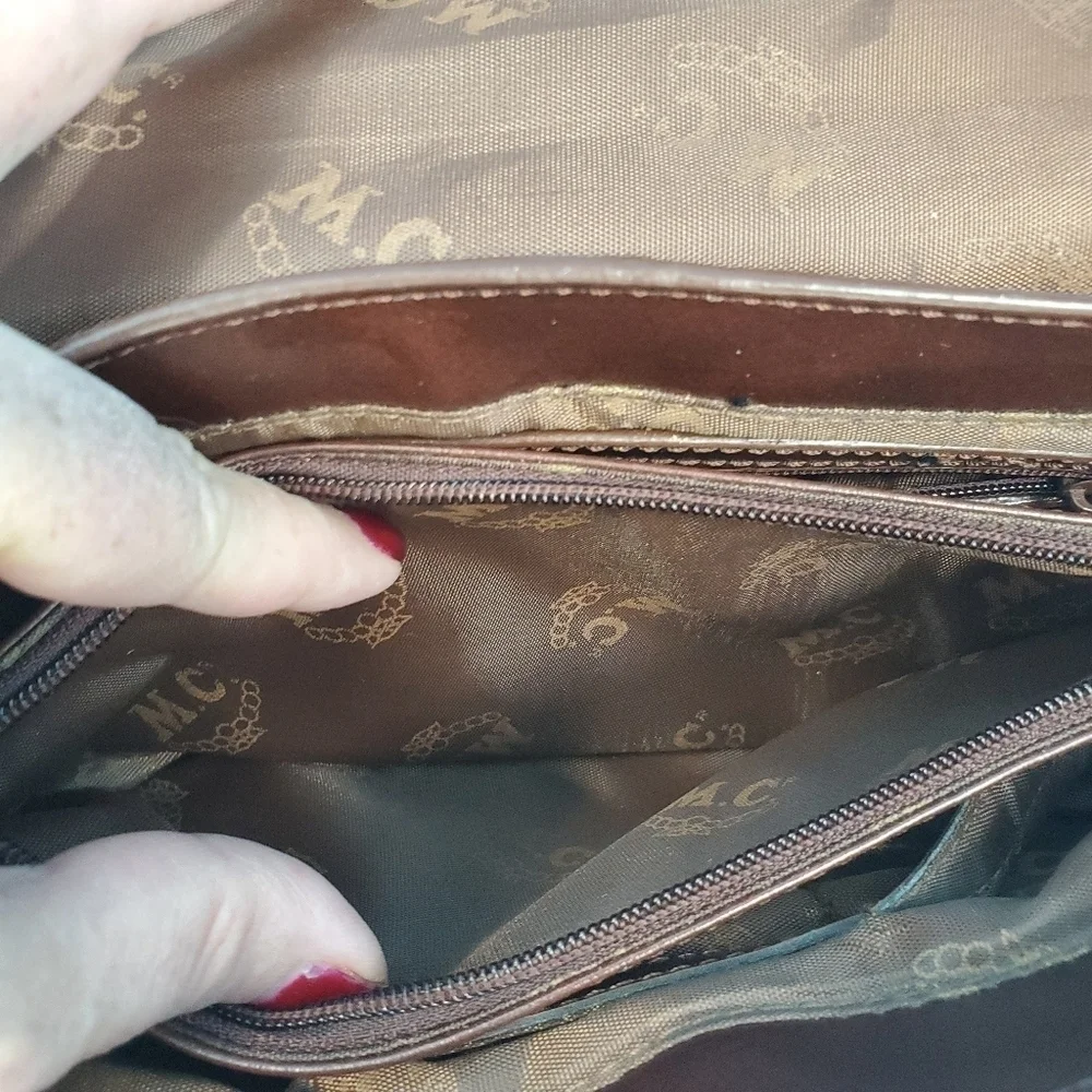 MC brown leather scrollwork embossed shoulder bag - Picture 7 of 16